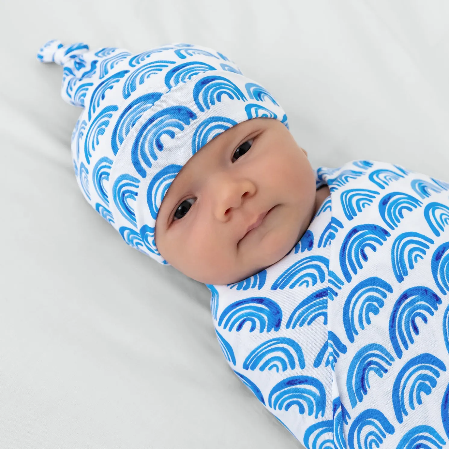 Blue Rainbows Swaddle & Hat Set