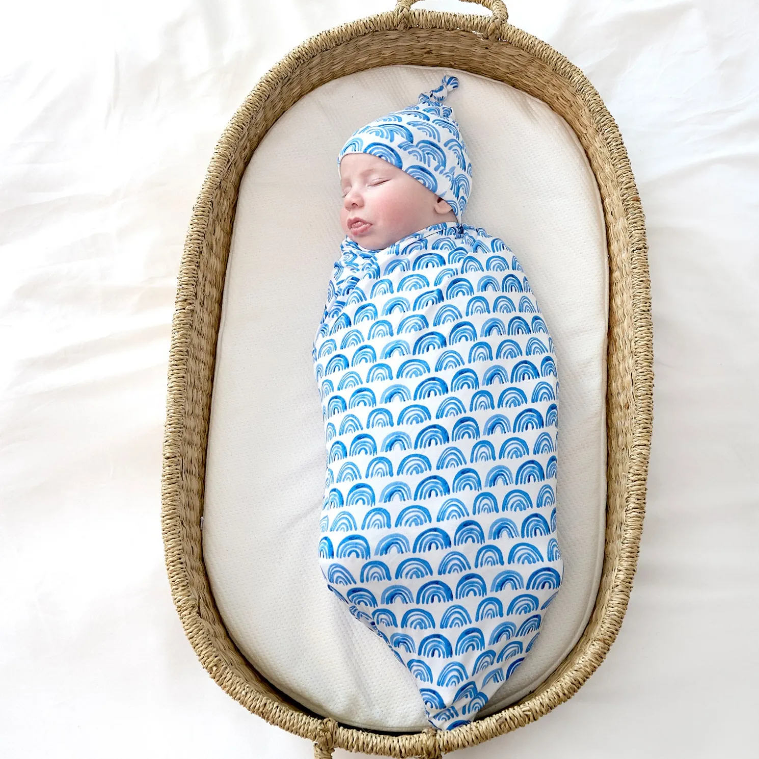 Blue Rainbows Swaddle & Hat Set