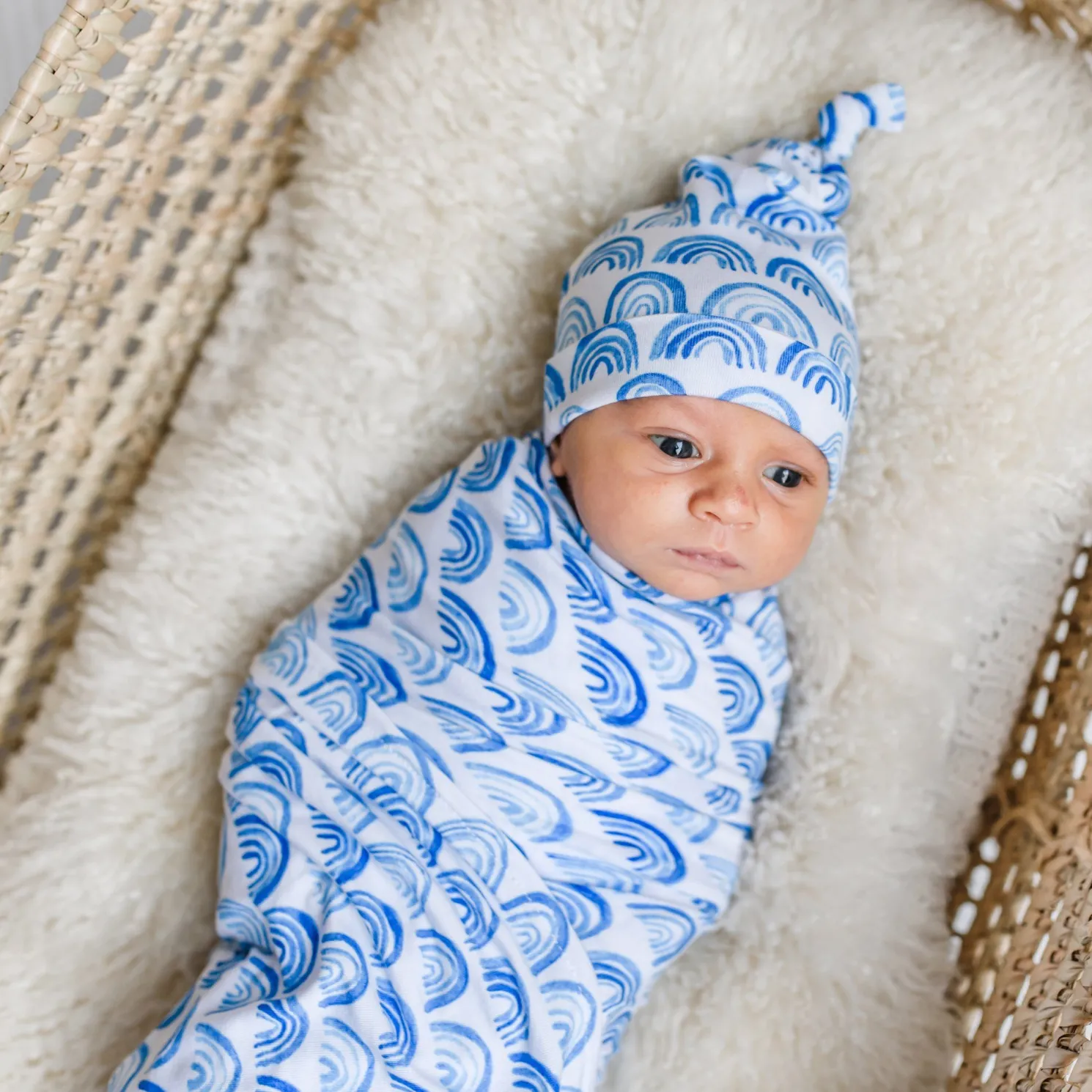 Blue Rainbows Swaddle & Hat Set