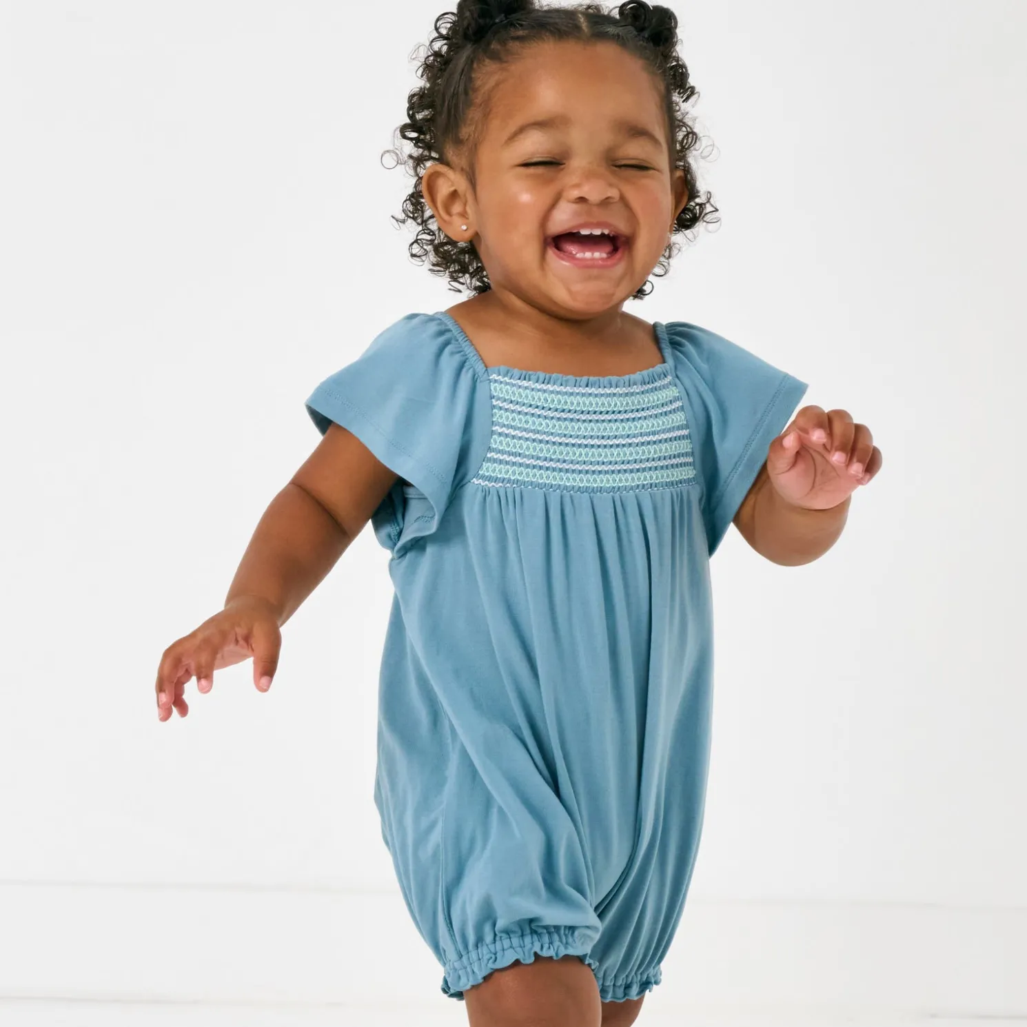 Dusk Blue Smocked Flutter Romper