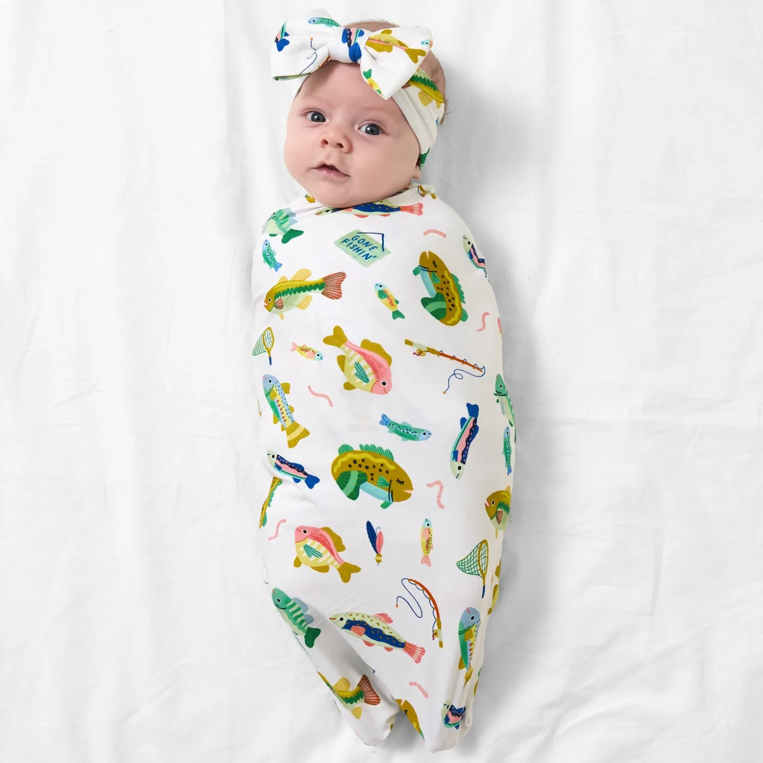 Gone Fishin' Swaddle & Luxe Bow Headband Set