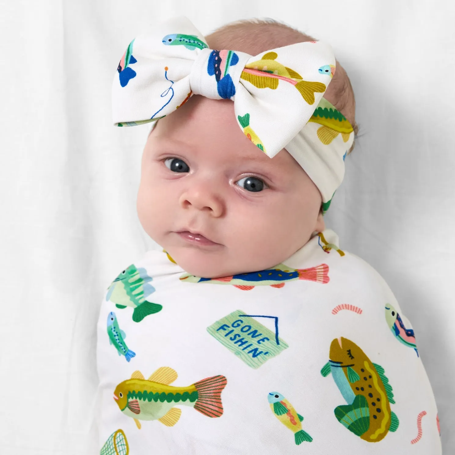 Gone Fishin' Swaddle & Luxe Bow Headband Set