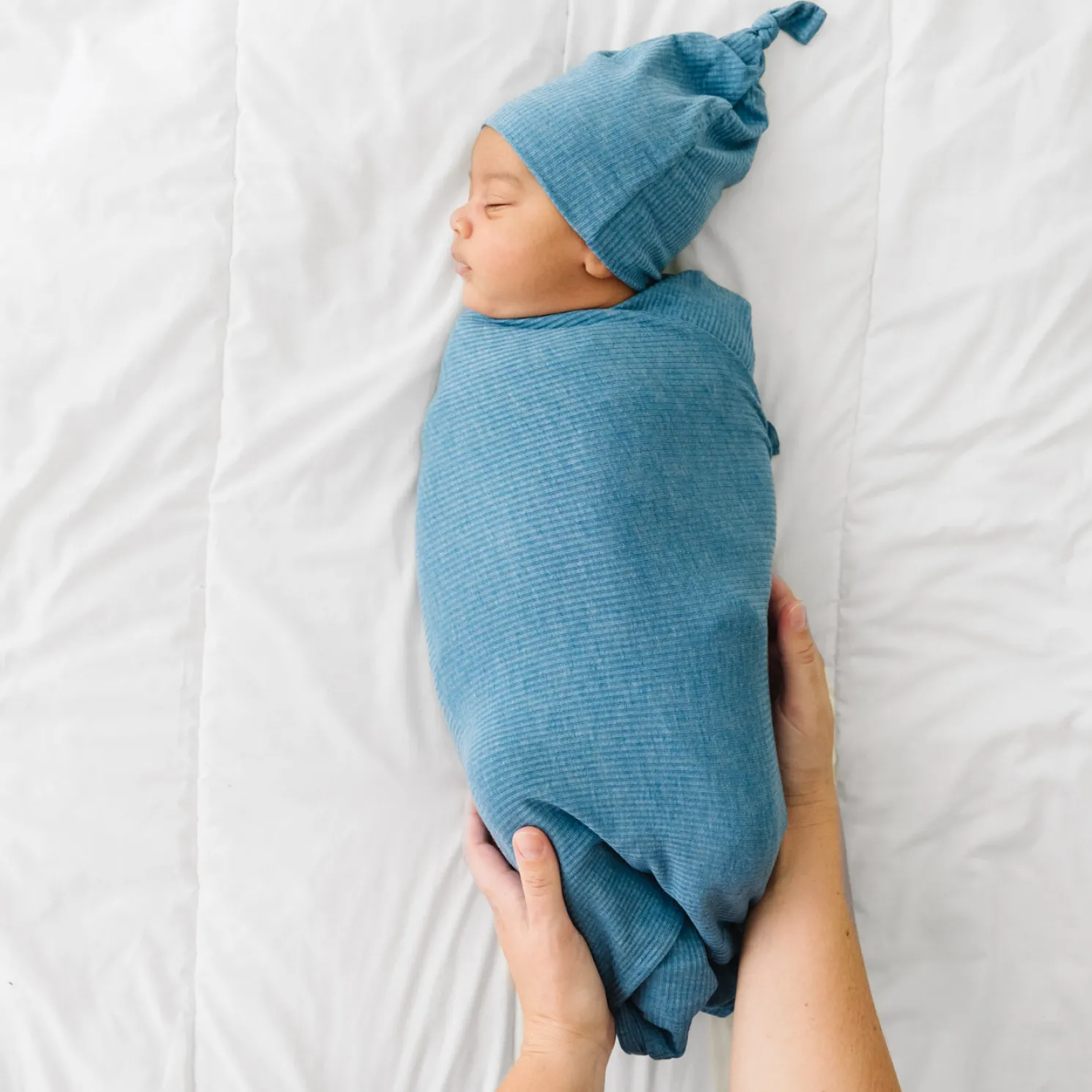 Heather Blue Ribbed Swaddle & Hat Set