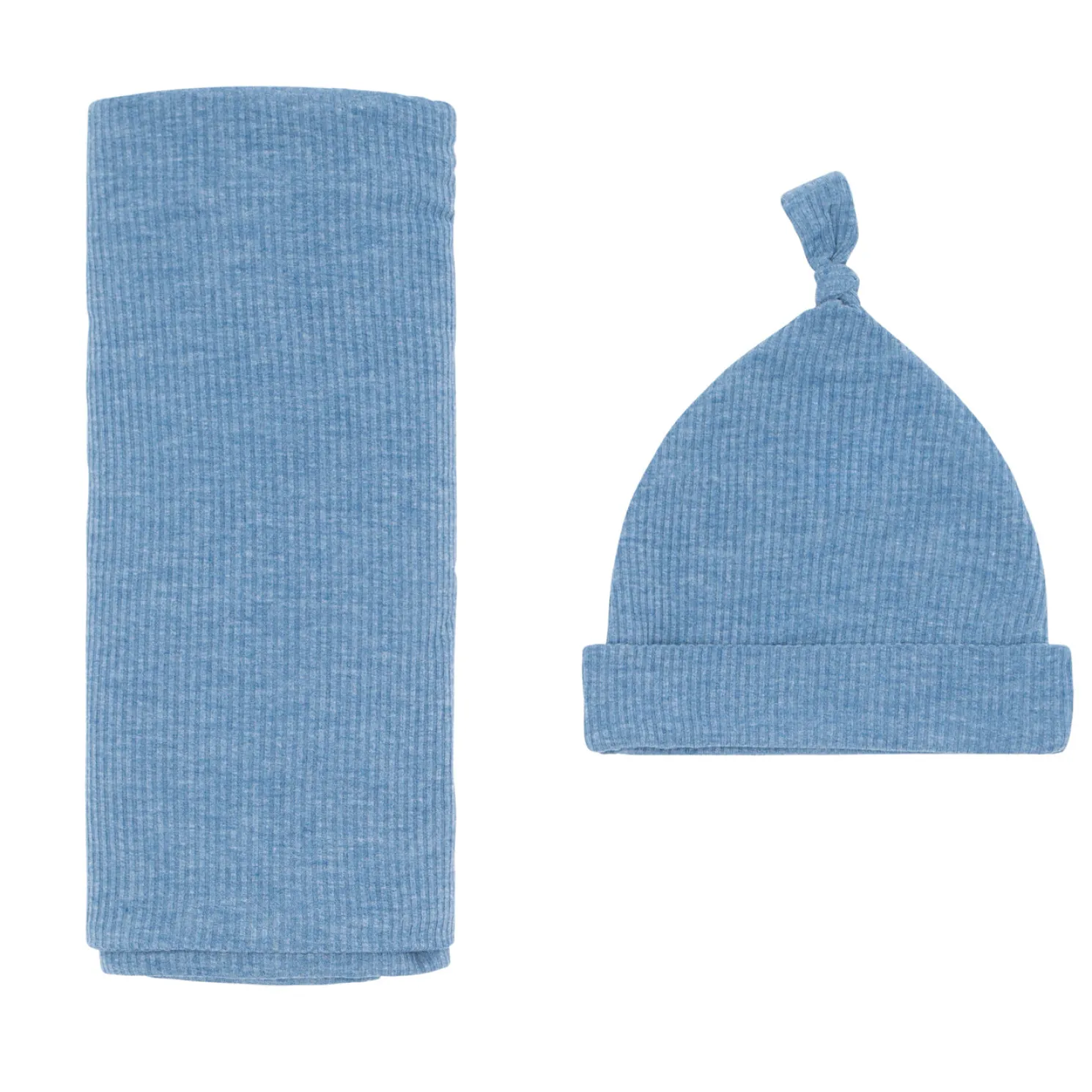 Heather Blue Ribbed Swaddle & Hat Set