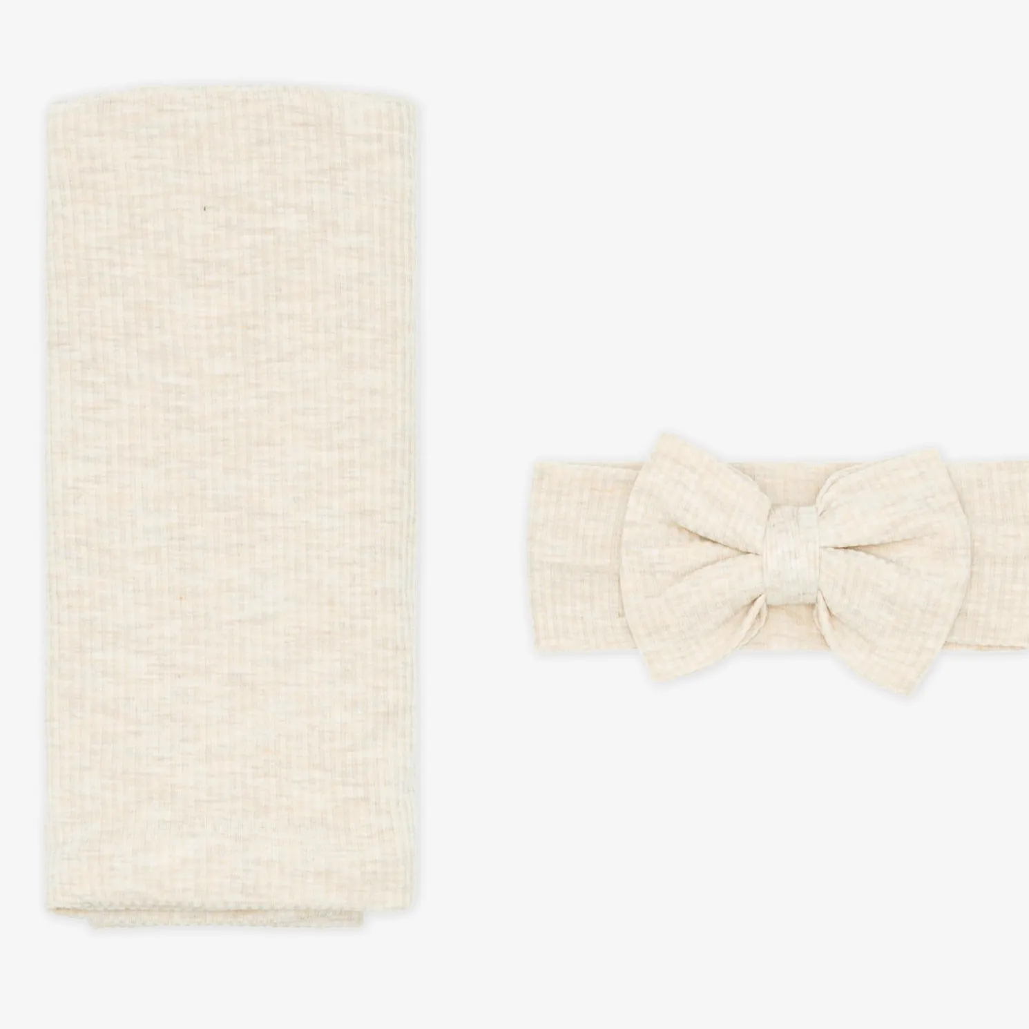 Heather Oatmeal Ribbed Swaddle & Luxe Bow Headband Set