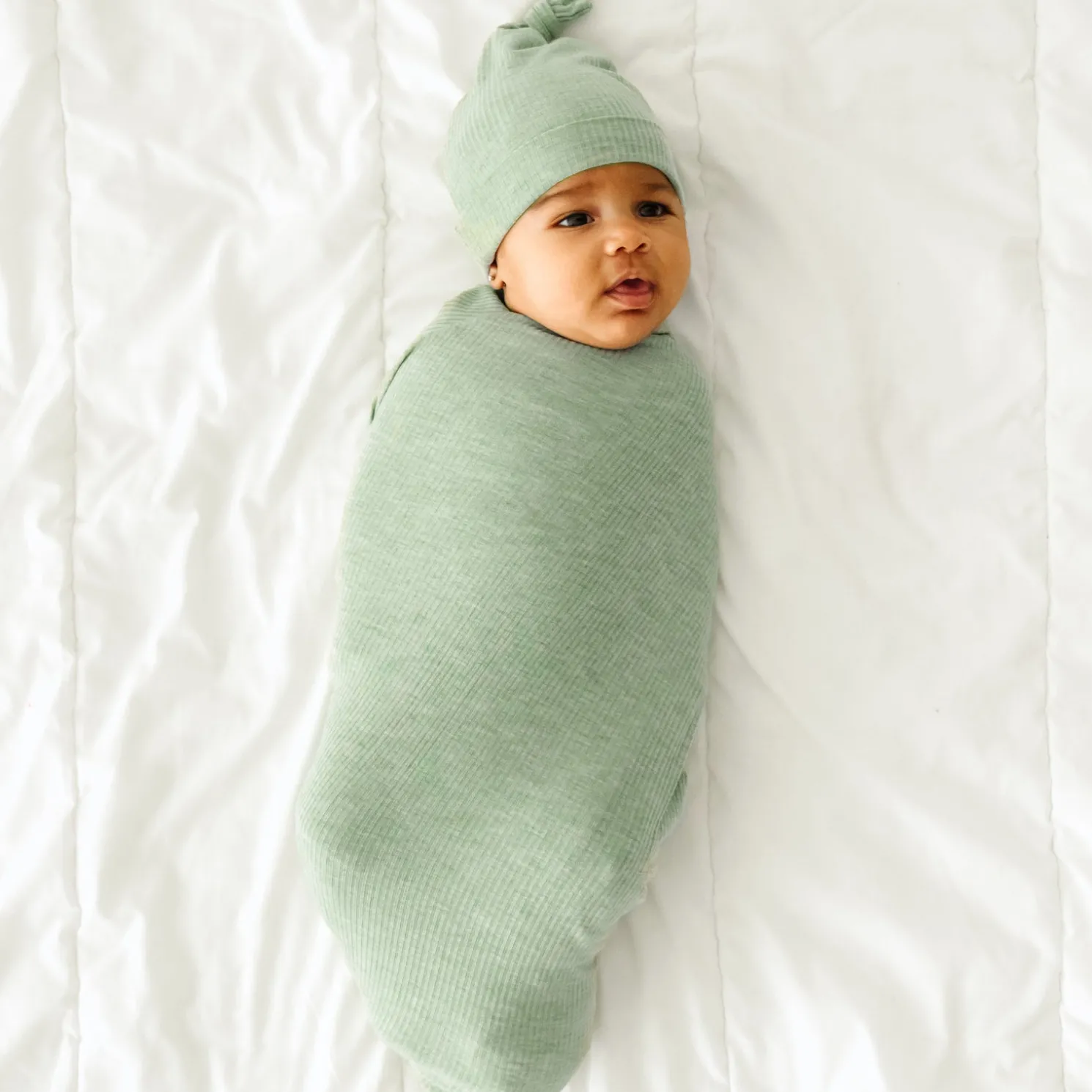 Heather Sage Ribbed Swaddle & Hat Set