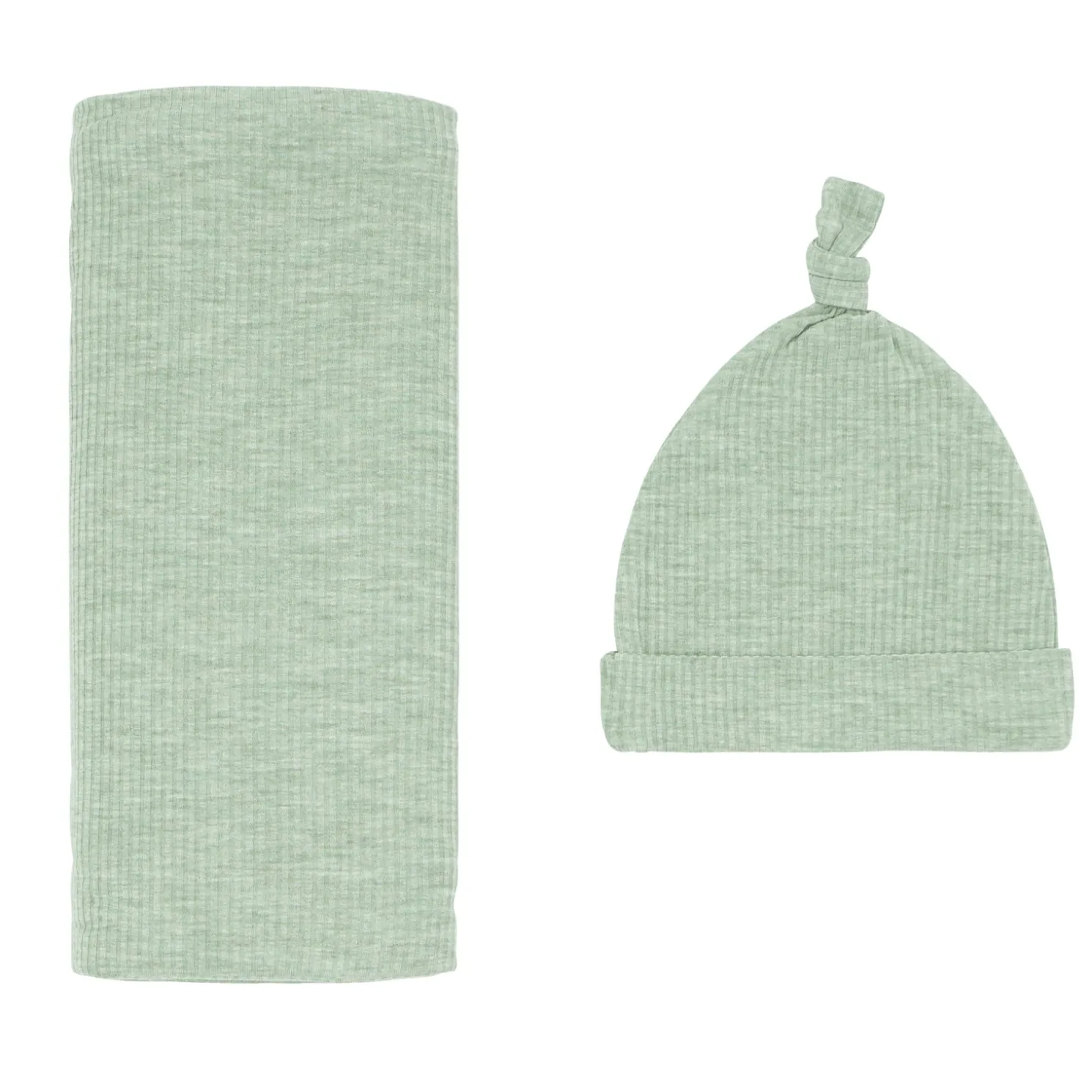 Heather Sage Ribbed Swaddle & Hat Set