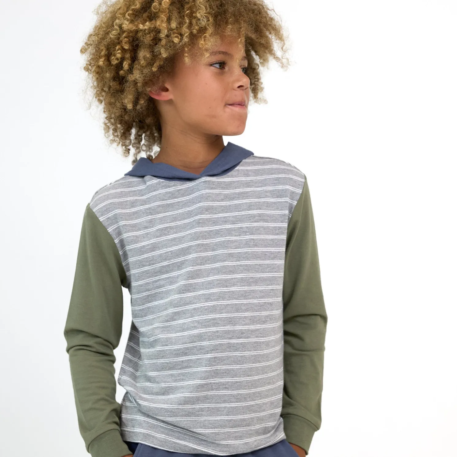 Light Heather Gray Stripes Relaxed Hooded Tee