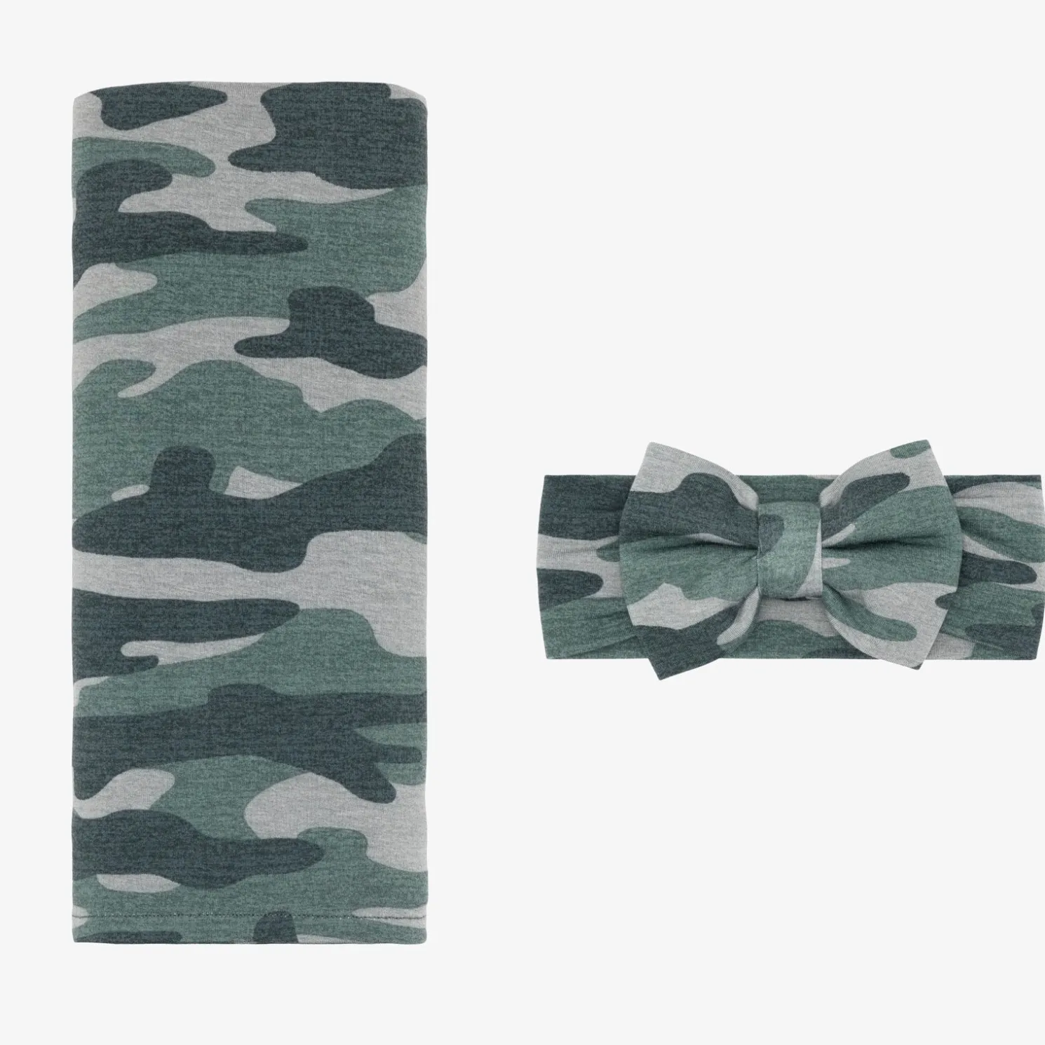 Vintage Camo Swaddle & Luxe Bow Headband Set
